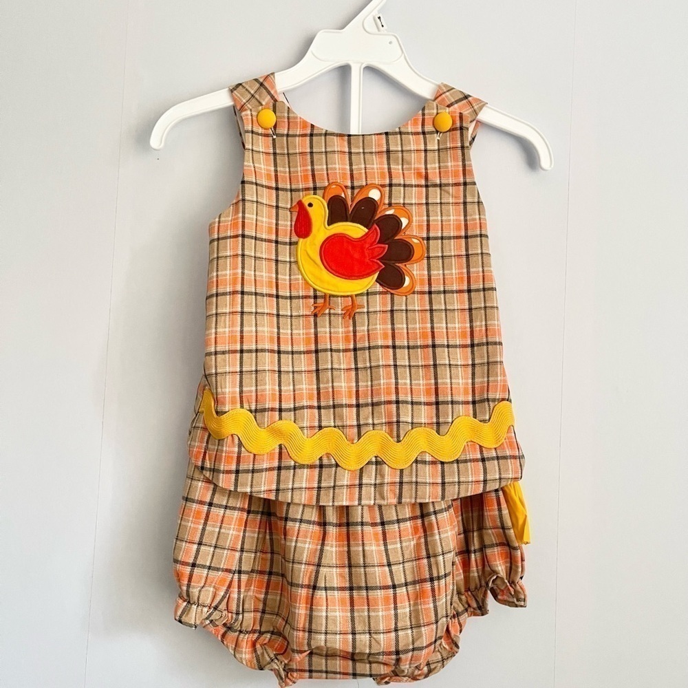 NEW Lil Cactus Brown Orange Plaid Turkey Criss-cross Back Top and Bloomer Set 2T